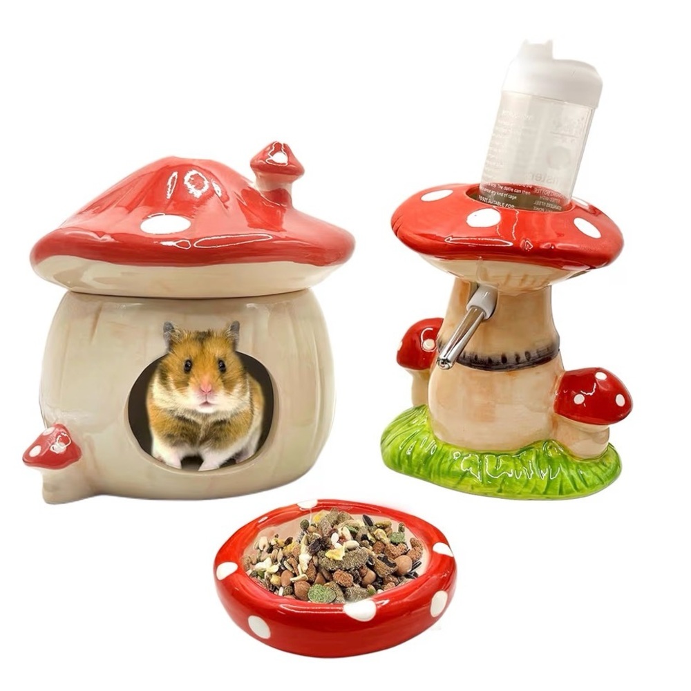 Mushroom-Themed Ceramic Small Pet House & Feeder Set (hamster, mice)